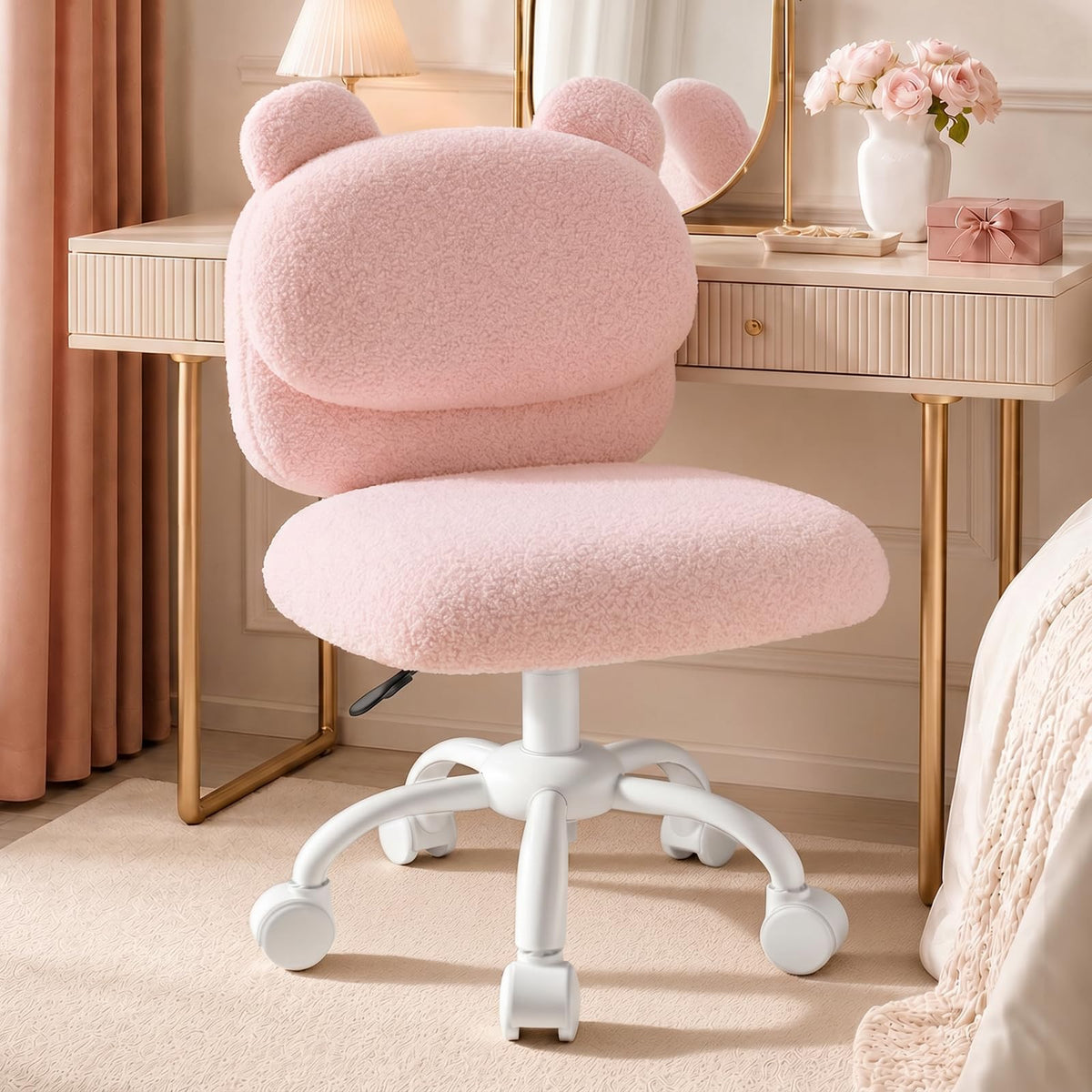 Marsail Teddy Fabric Dressing Chair, Armless Office Chair, Pink
