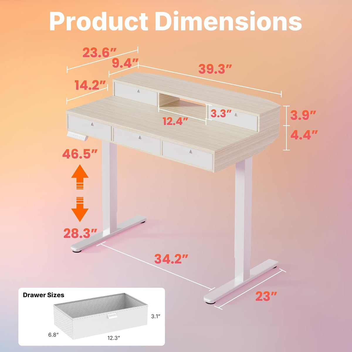 HUANUO 40 x 24 Inch Electric Standing Desk with 4 Drawers, Natural