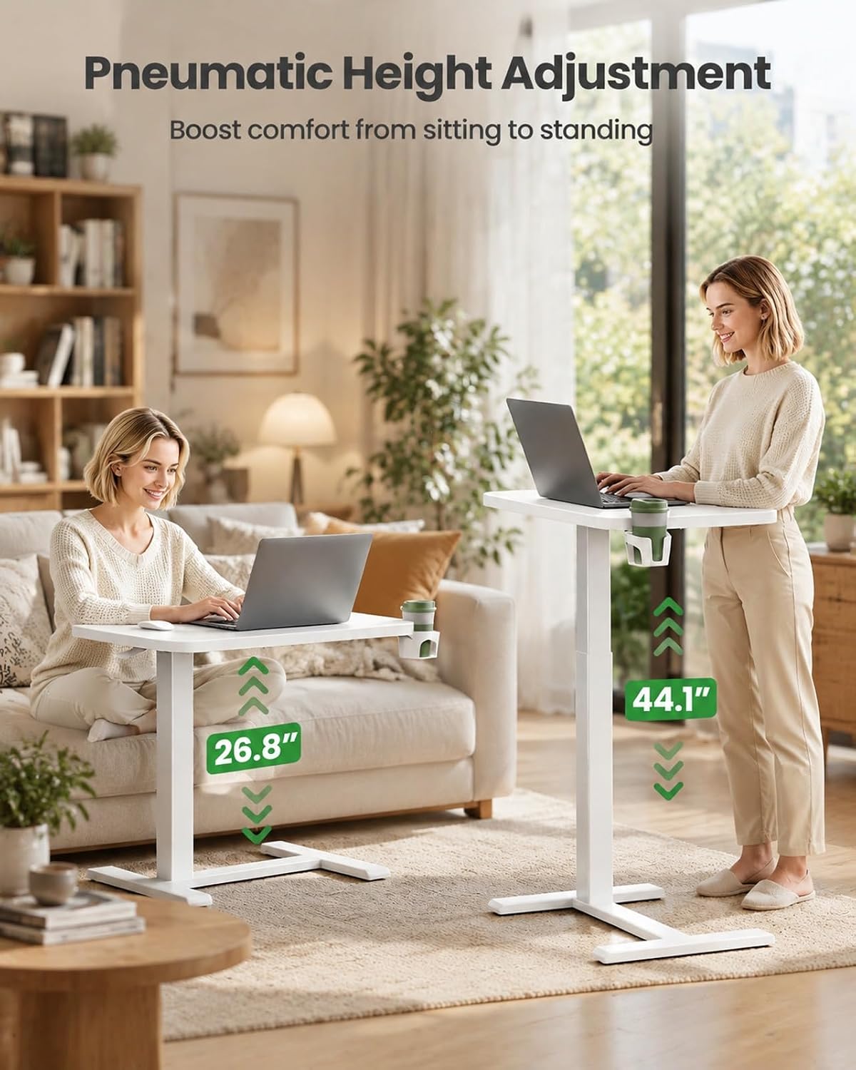 Marsail Overbed Table,Mobile Standing Desk with pneumatic height adjustment