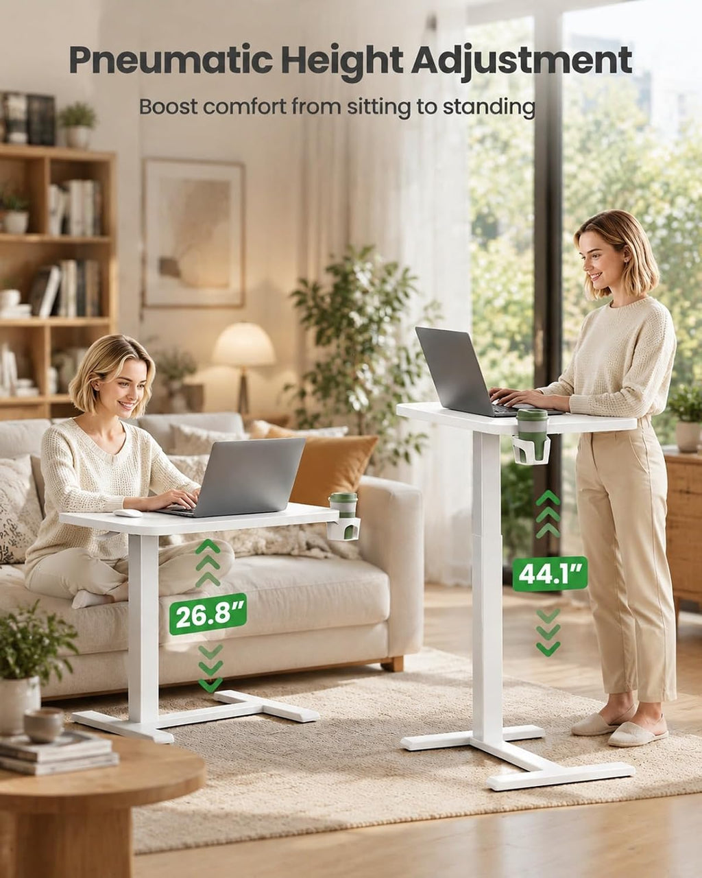 Marsail Overbed Table,Mobile Standing Desk with pneumatic height adjustment