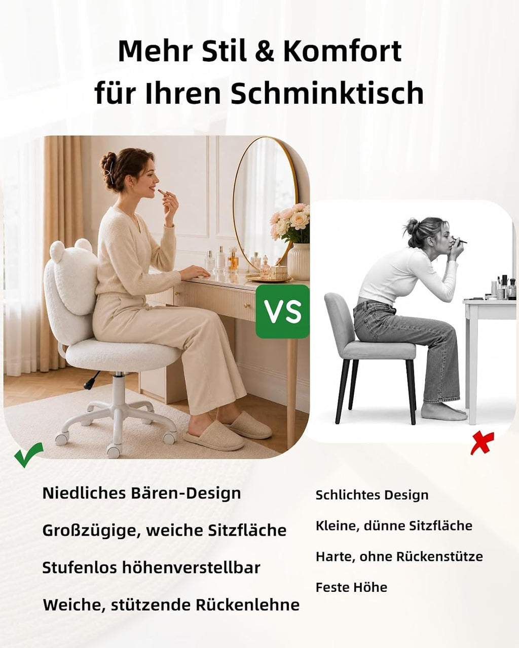 Marsail Schminktisch Stuhl, Schreibtischstuhl aus Teddyfleece,Cremeweiß