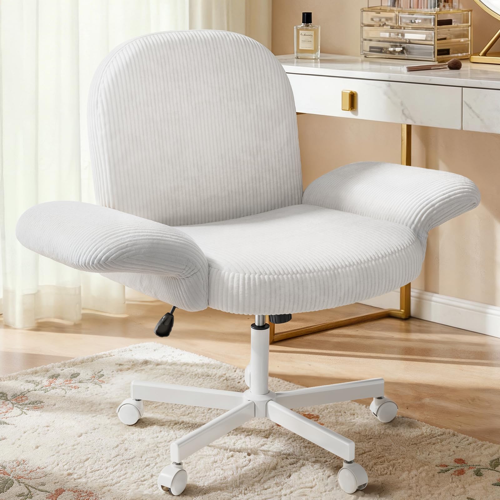 HUANUO Criss Cross Office Chair for Girls, Cross Legged Desk Chair with Adjustable Armrests, Soft Corduroy Fabric for Small Spaces, Home Office Computer Chair for Petite Women, Pink