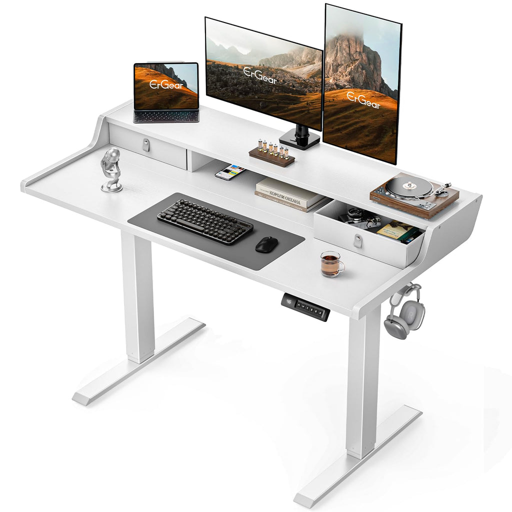 ErGear Electric Standing Desk with Drawers, 63″ x 28″ Gaming Table Compatible Monitor Stand, Stand up Desks, Home Office Height-Adjustable Desk with Storage Shelf, 4 Preset Heights, Black