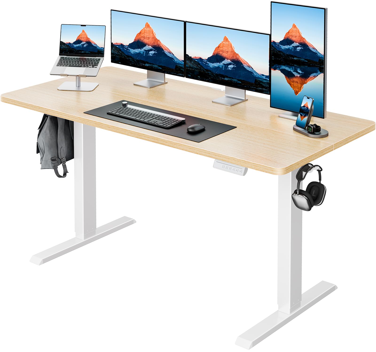 HUANUO 32x19 Inch Small Electric Standing Desk, Adjustable, Light Walnut