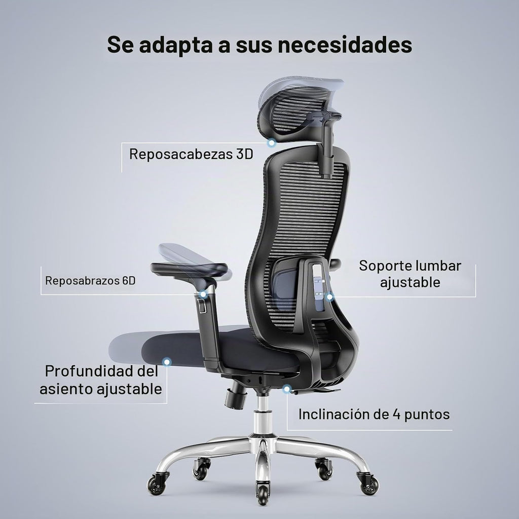 Marsail Ergonomic Desk Chair with 6D Armrests, Adjustable 3D Backrest, Sliding Seat, Lumbar Support and Lock Tilt in 4 Positions – High and Reinforced Chair with Capacity 150 kg, Black