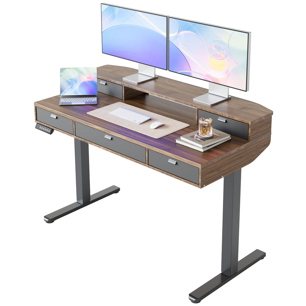 HUANUO 32 X 20 inch Electric Standing Desk with 4 Drawers, Adjustable Height Sit Stand Home Office Desk, C-Clamp Mount Compatible, Ergonomic Stand up Desk with 4 Preset Heights, Walnut