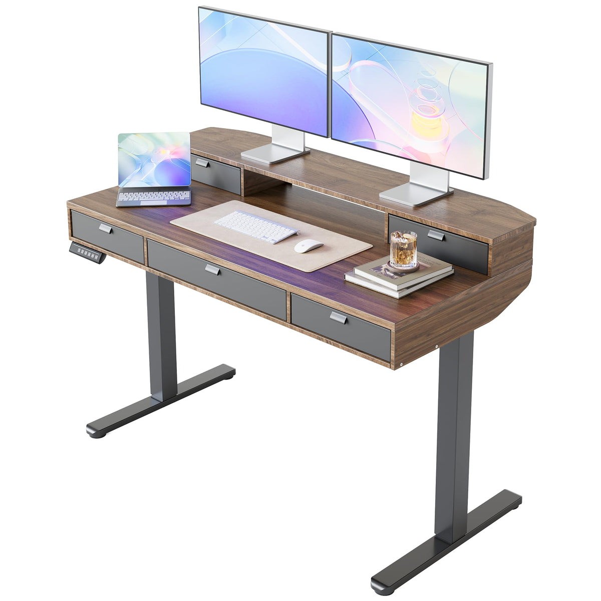 HUANUO 32 X 20 inch Electric Standing Desk with 4 Drawers, Adjustable Height Sit Stand Home Office Desk, C-Clamp Mount Compatible, Ergonomic Stand up Desk with 4 Preset Heights, Walnut