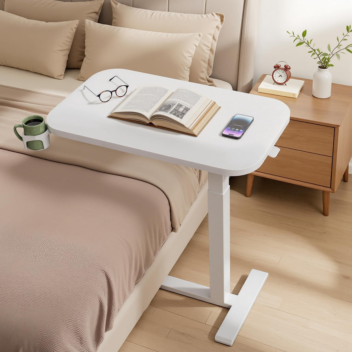 Marsail 28×16″ Overbed Table with Hidden Wheels, Pneumatic Adjustable Bedside Table, Mobile Rolling Table with 360° Hideable Cup Holder, White