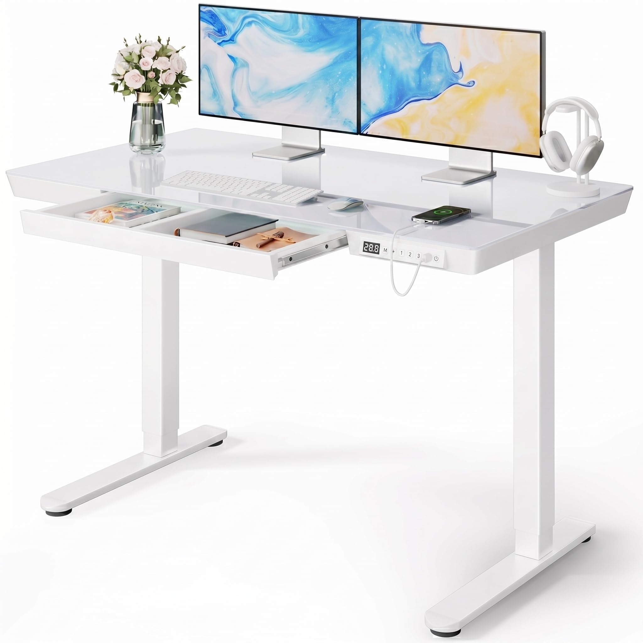 Marsail Glass Standing Desk with Drawer, 48 x 24 inch Electric Standing Desk, Height Adjustable Desk with One-Piece Tabletop & USB Charging Ports, Sit Stand Desk with Storage for Home & Office White