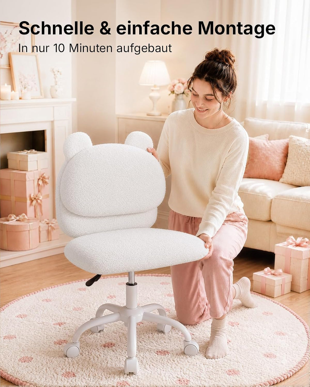Marsail Schminktisch Stuhl, Schreibtischstuhl aus Teddyfleece,Cremeweiß