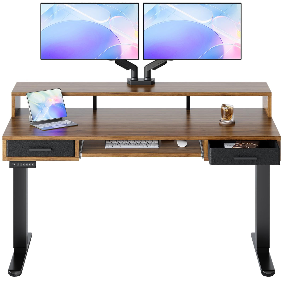 HUANUO 48″ X 26″ Electric Standing Desk with 2 Drawers &24.4″ Large Keyboard Tray, C-Clamp Mount Compatible, Adjustable Computer Desk for Office, Sit Stand Up Desk with 4 Height Presets, Black