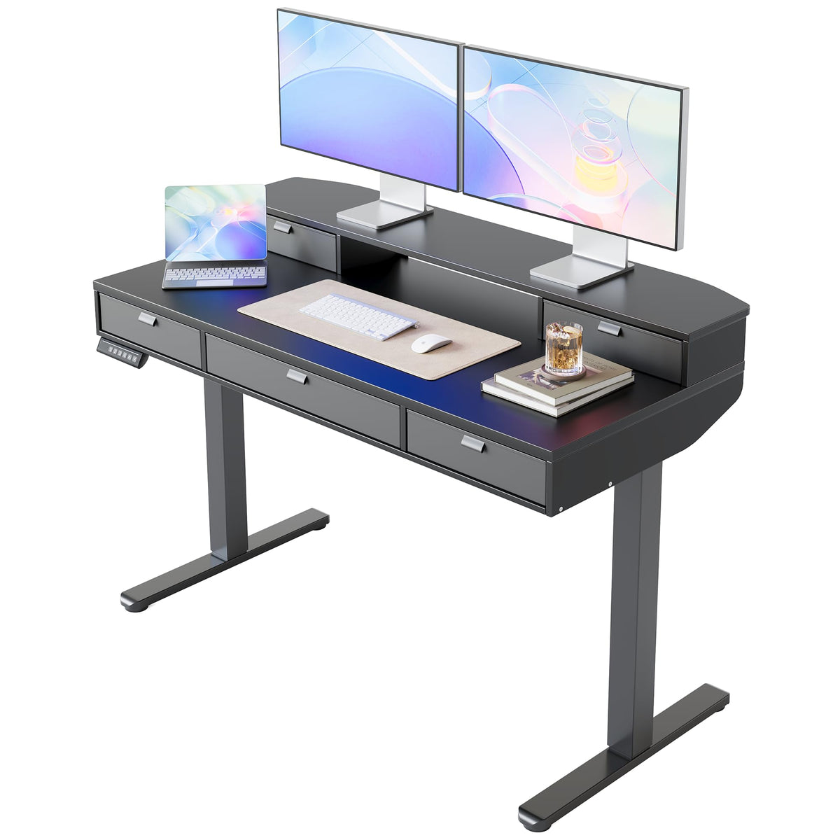 HUANUO 32 X 20 inch Electric Standing Desk with 4 Drawers, Adjustable Height Sit Stand Home Office Desk, C-Clamp Mount Compatible, Ergonomic Stand up Desk with 4 Preset Heights, Walnut