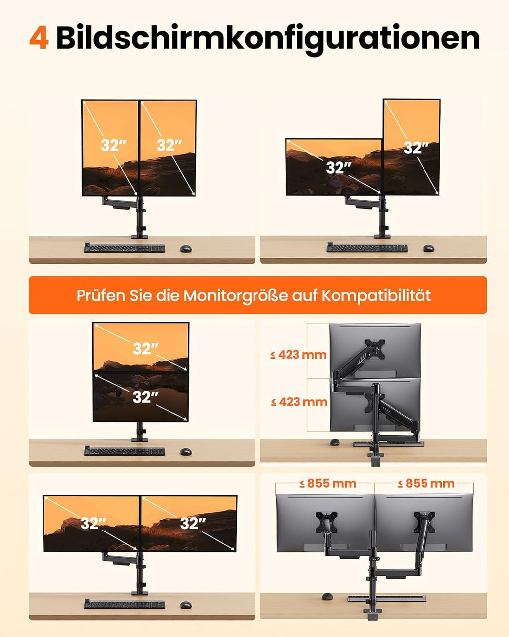 ErGear Monitor Halterung 2 Monitore für 13″-32″, vertikale Dual Monitor Arm Bildschirm 9kg, erhöht Stabilität mit integriert C-Klemme, verbessert Kabelmanagement, VESA 75x75/100x100mm, schwarz