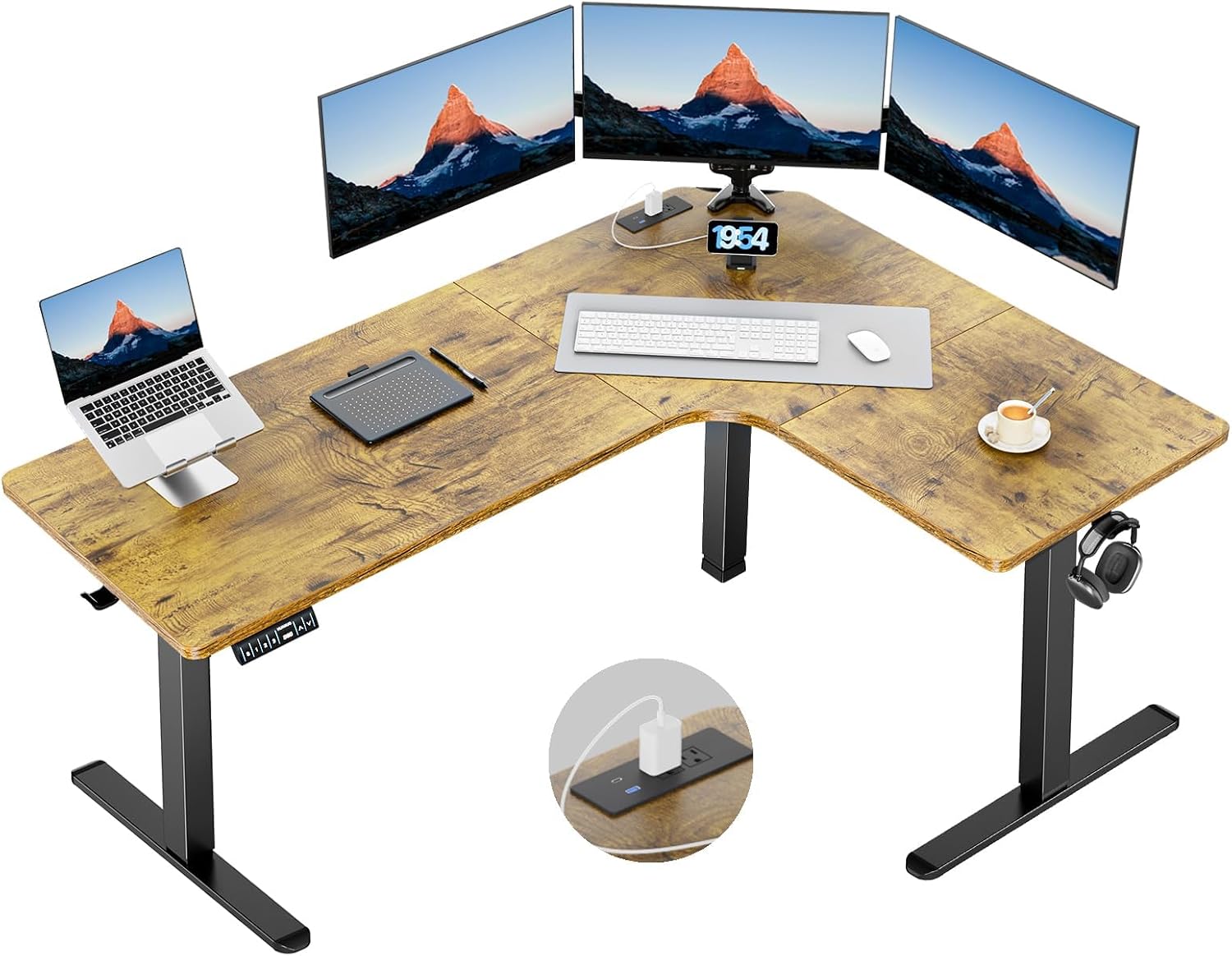 HUANUO 63″ L-Shaped Standing Desk, Built-in Power Outlets, Vintage Brown | 3 Memory Presets, Sturdy Steel Frame, 220 lbs Capacity, Large Power Strip Holder