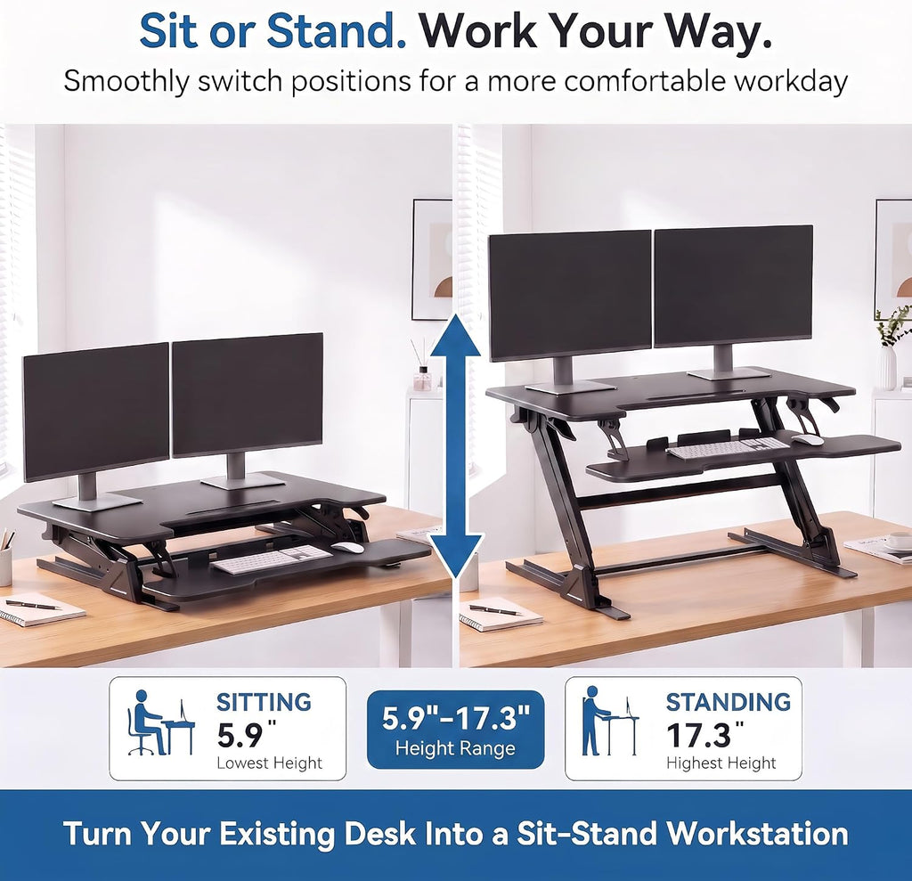 HUANUO 36" Z-Shaped Standing Desk Converter with Wide Keyboard Tray, Black | Dual Monitor Fit, Height Adjustable Sit Stand Up Desk Riser, Dual Gas Lift, Stable Z-Steel Frame, Unpack, Install Tray & Use