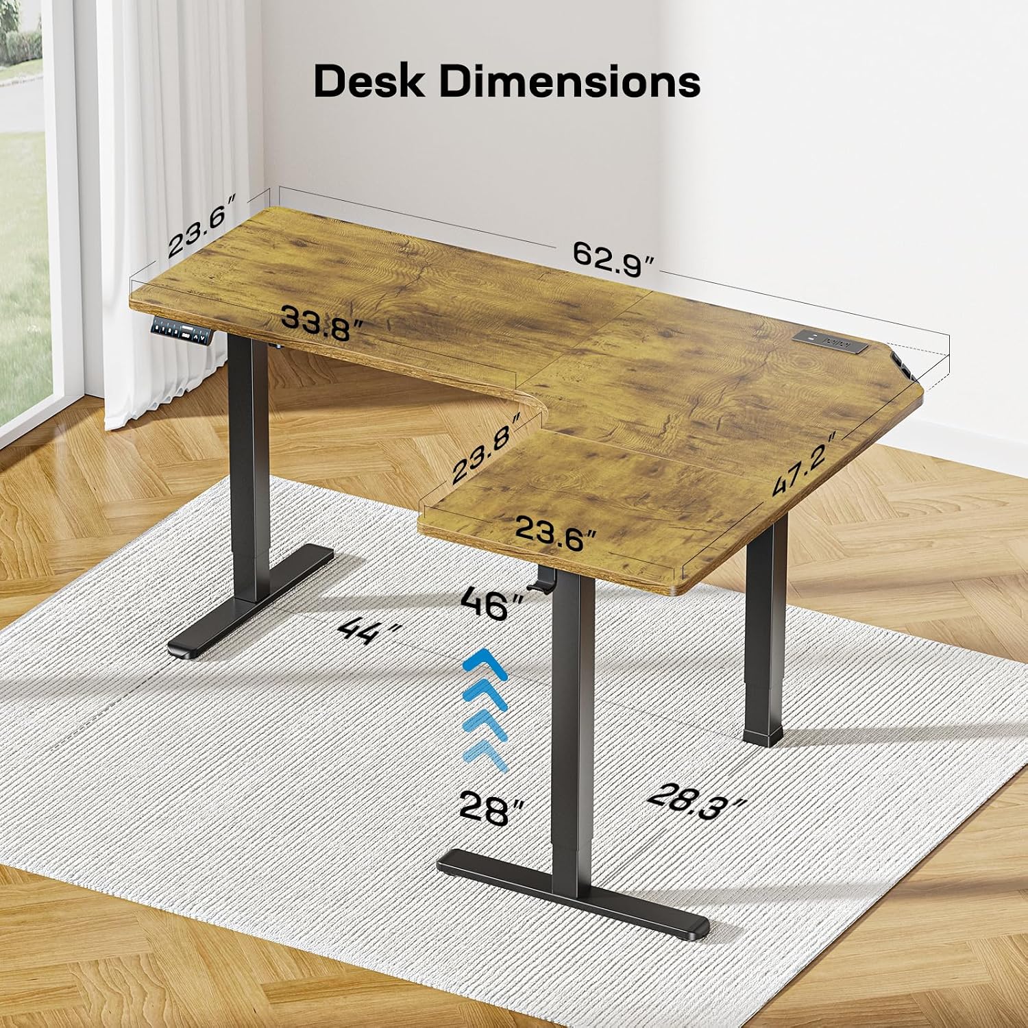 HUANUO 63″ L-Shaped Standing Desk, Built-in Power Outlets, Vintage Brown | 3 Memory Presets, Sturdy Steel Frame, 220 lbs Capacity, Large Power Strip Holder