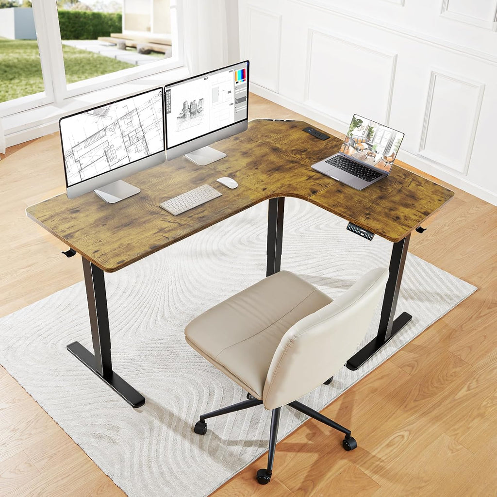 HUANUO 63″ L-Shaped Standing Desk, Built-in Power Outlets, Vintage Brown | 3 Memory Presets, Sturdy Steel Frame, 220 lbs Capacity, Large Power Strip Holder