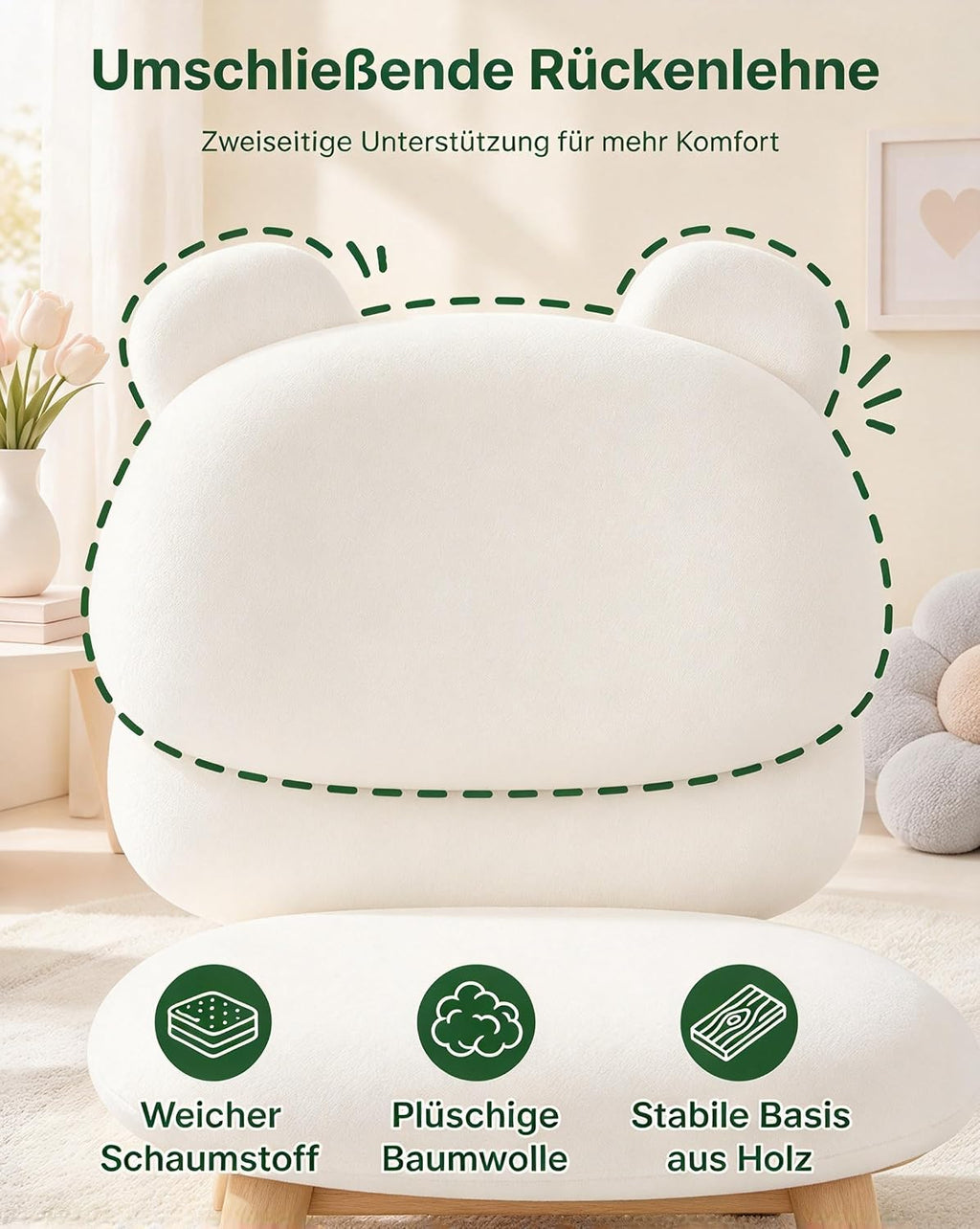 Marsail Schminktisch Stuhl, Schreibtischstuhl aus Teddyfleece,Cremeweiß