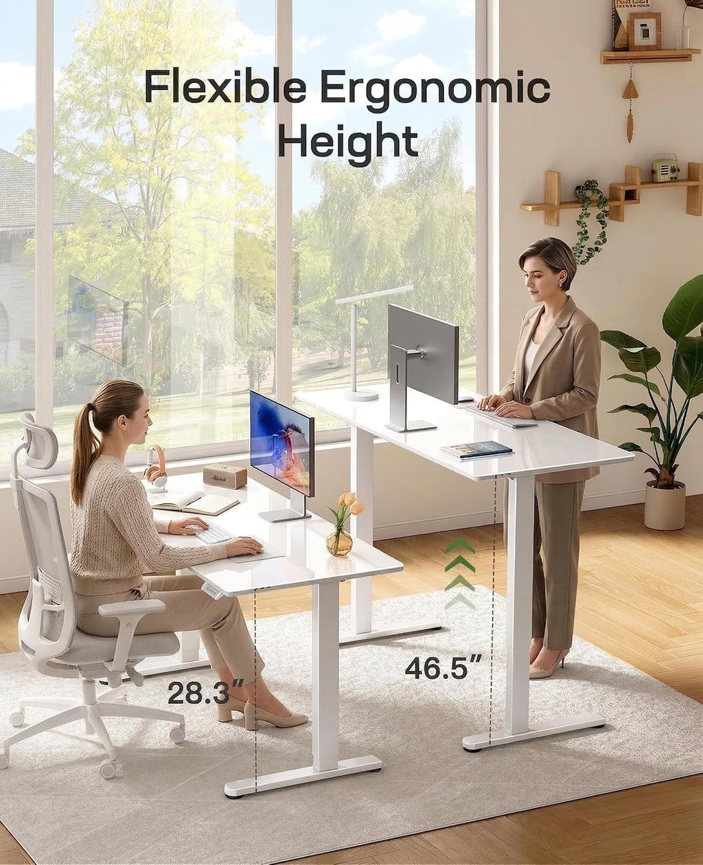 Marsail 55 x 28 inch Glass Standing Desk with 4-Zone Drawer Storage, White | 28.3–46.5 Inch Height Range, One-piece Tempered Glass top, 4 Preset Heights, Sit Stand Design, Ergonomic Home Office Desk