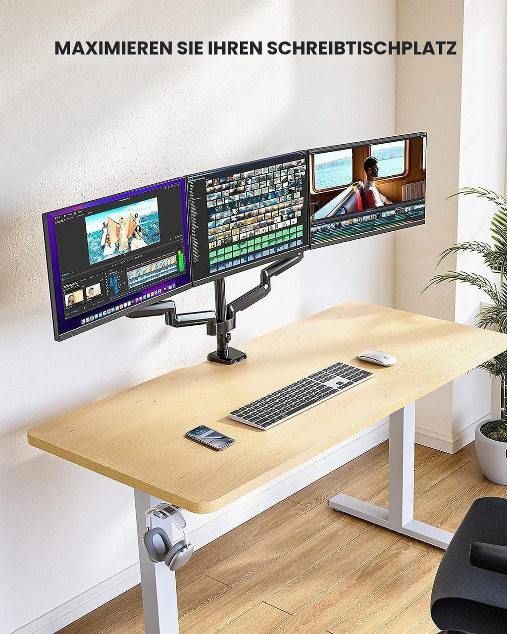 ErGear Monitor Halterung 3 Monitore für 13 bis 27 Zoll Bildschirme, Bildschirmhalterung 3 Monitore mit 2 USB-Anschlüssen; Jeder Monitorarm trägt max. 8kg, Gaming Monitorhaltrung mit VESA 75/100