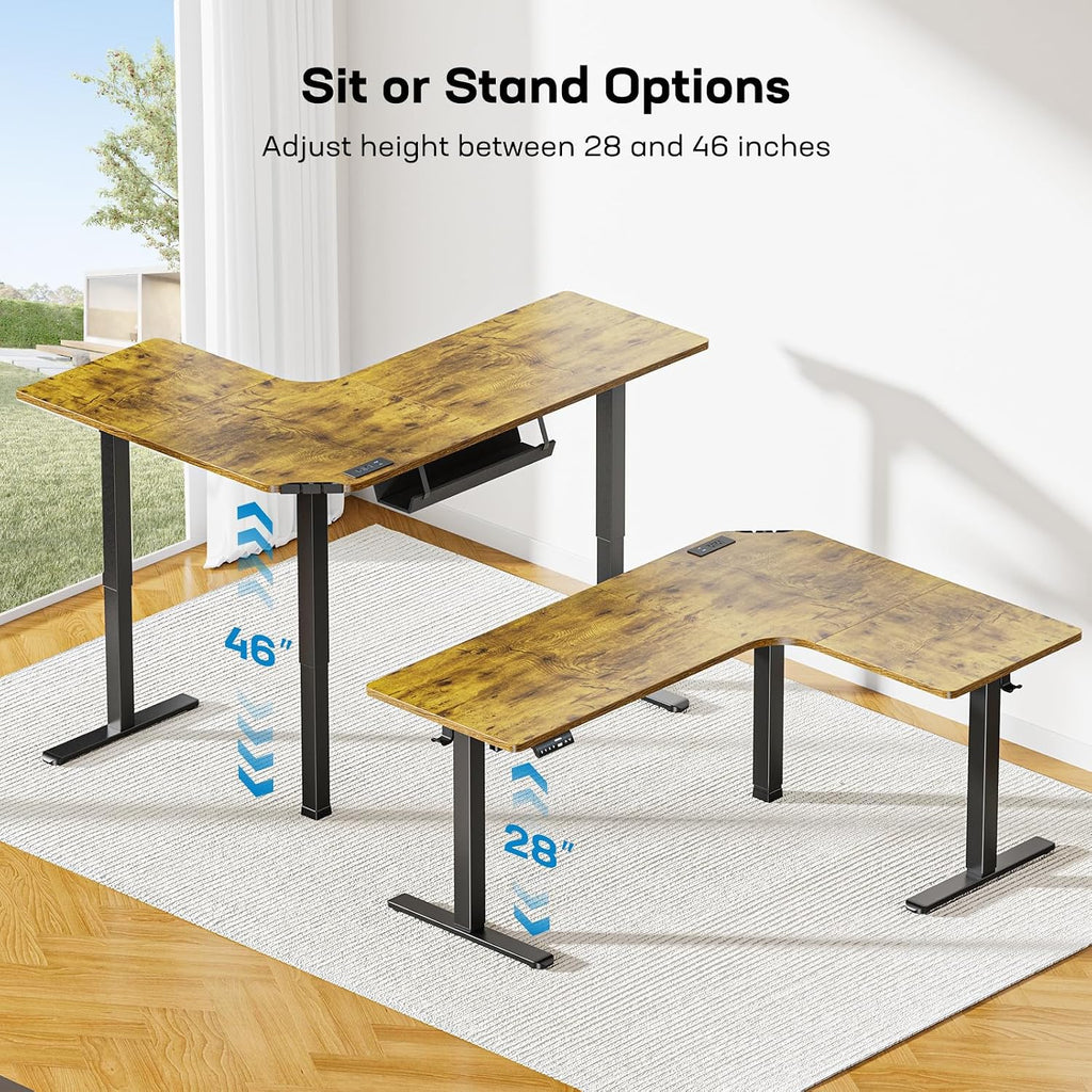 HUANUO 63″ L-Shaped Standing Desk, Built-in Power Outlets, Vintage Brown | 3 Memory Presets, Sturdy Steel Frame, 220 lbs Capacity, Large Power Strip Holder