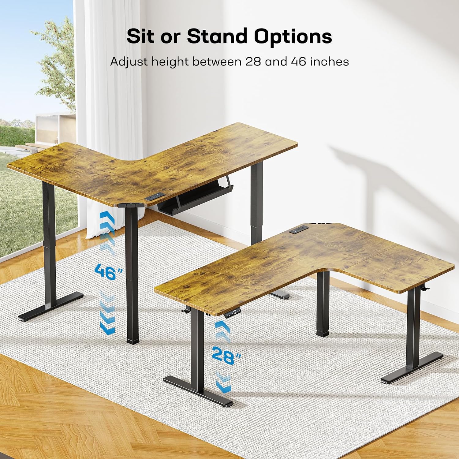 HUANUO 63″ L-Shaped Standing Desk, Built-in Power Outlets, Vintage Brown | 3 Memory Presets, Sturdy Steel Frame, 220 lbs Capacity, Large Power Strip Holder