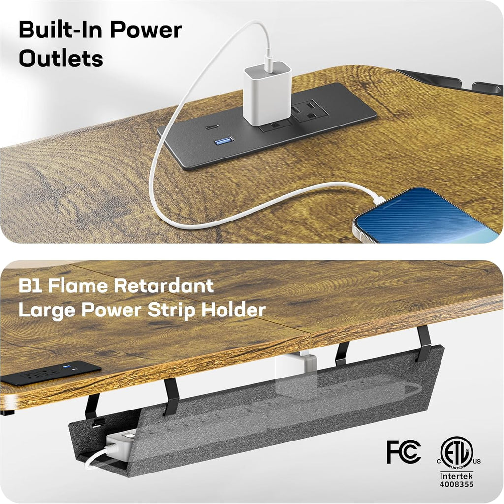 HUANUO 63″ L-Shaped Standing Desk, Built-in Power Outlets, Vintage Brown | 3 Memory Presets, Sturdy Steel Frame, 220 lbs Capacity, Large Power Strip Holder