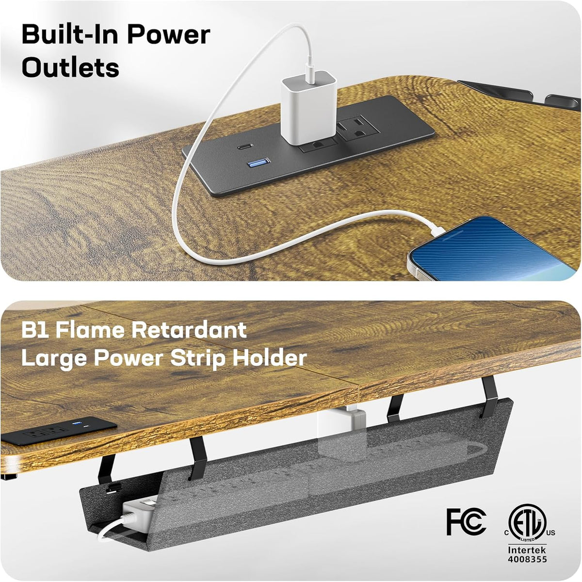 HUANUO 63″ L-Shaped Standing Desk, Built-in Power Outlets, Vintage Brown | 3 Memory Presets, Sturdy Steel Frame, 220 lbs Capacity, Large Power Strip Holder