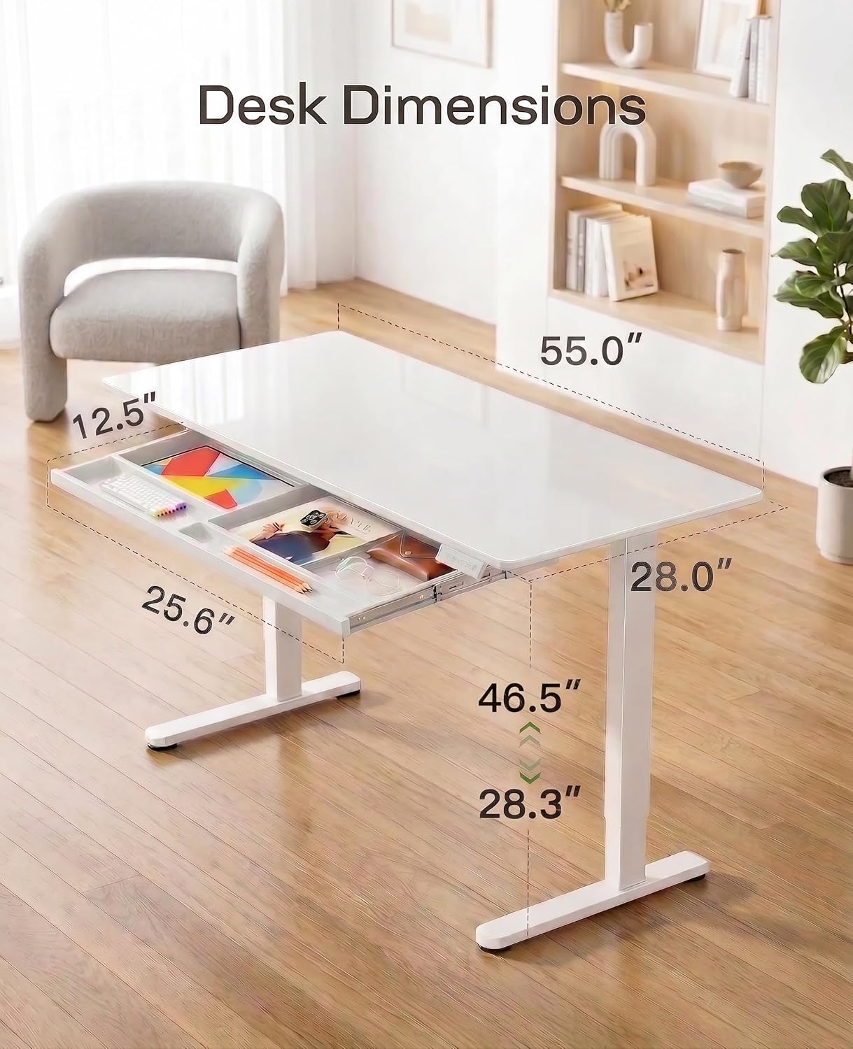 Marsail 55 x 28 inch Glass Standing Desk with 4-Zone Drawer Storage, White | 28.3–46.5 Inch Height Range, One-piece Tempered Glass top, 4 Preset Heights, Sit Stand Design, Ergonomic Home Office Desk