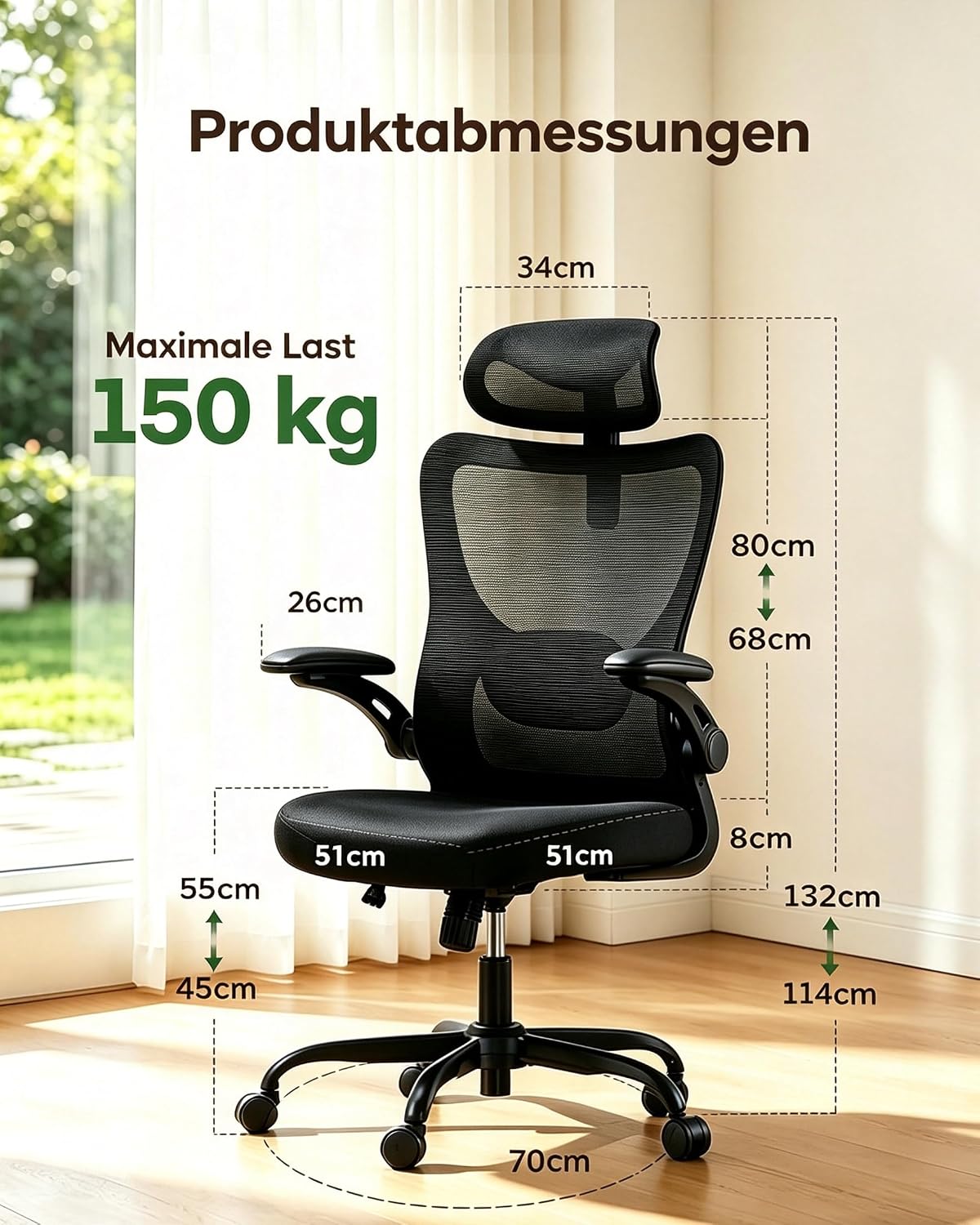 Marsail Ergonomic Office Chair, Ergonomic Desk Chair with 2D Headrest, 2D Lumbar Support, 3D Folding Armrest, Seat 8 cm, Height Adjustable, Tilt Function, Up to 136 kg