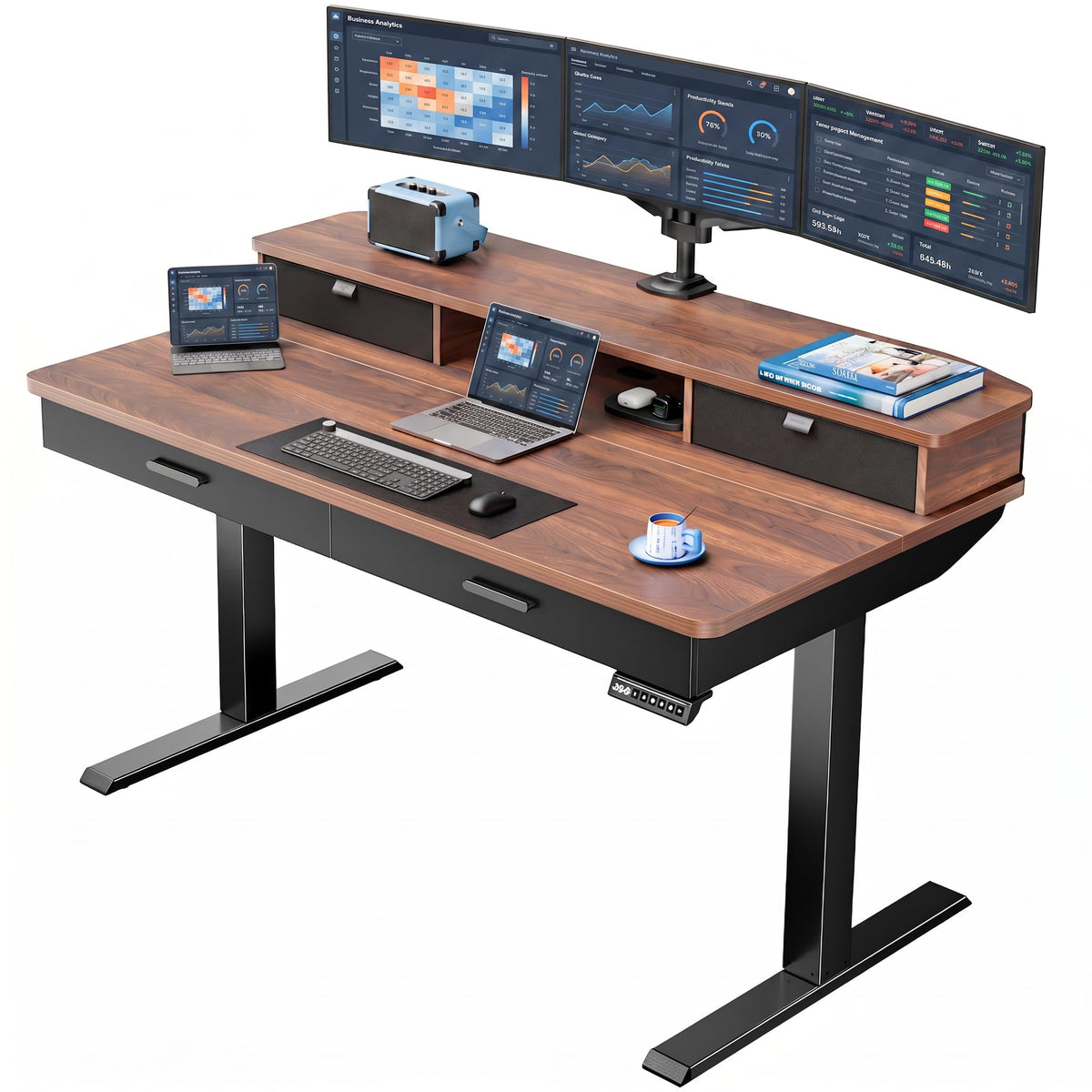 HUANUO 40 x 24 Inch Electric Standing Desk with 4 Drawers, Natural