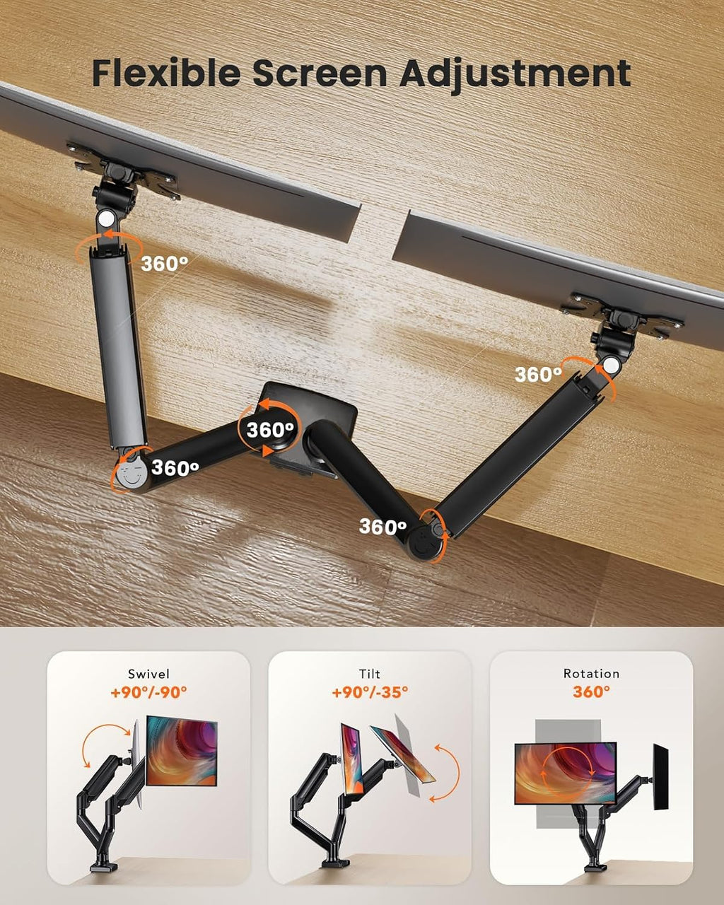 ErGear Dual Monitor Mount, Two Arms for 17"-32" Screens, Max 22 lbs Each, VESA 75/100mm, Adjustable Height, 180° Swivel, Tilt, 360° Rotation, Sturdy Steel for Office Use