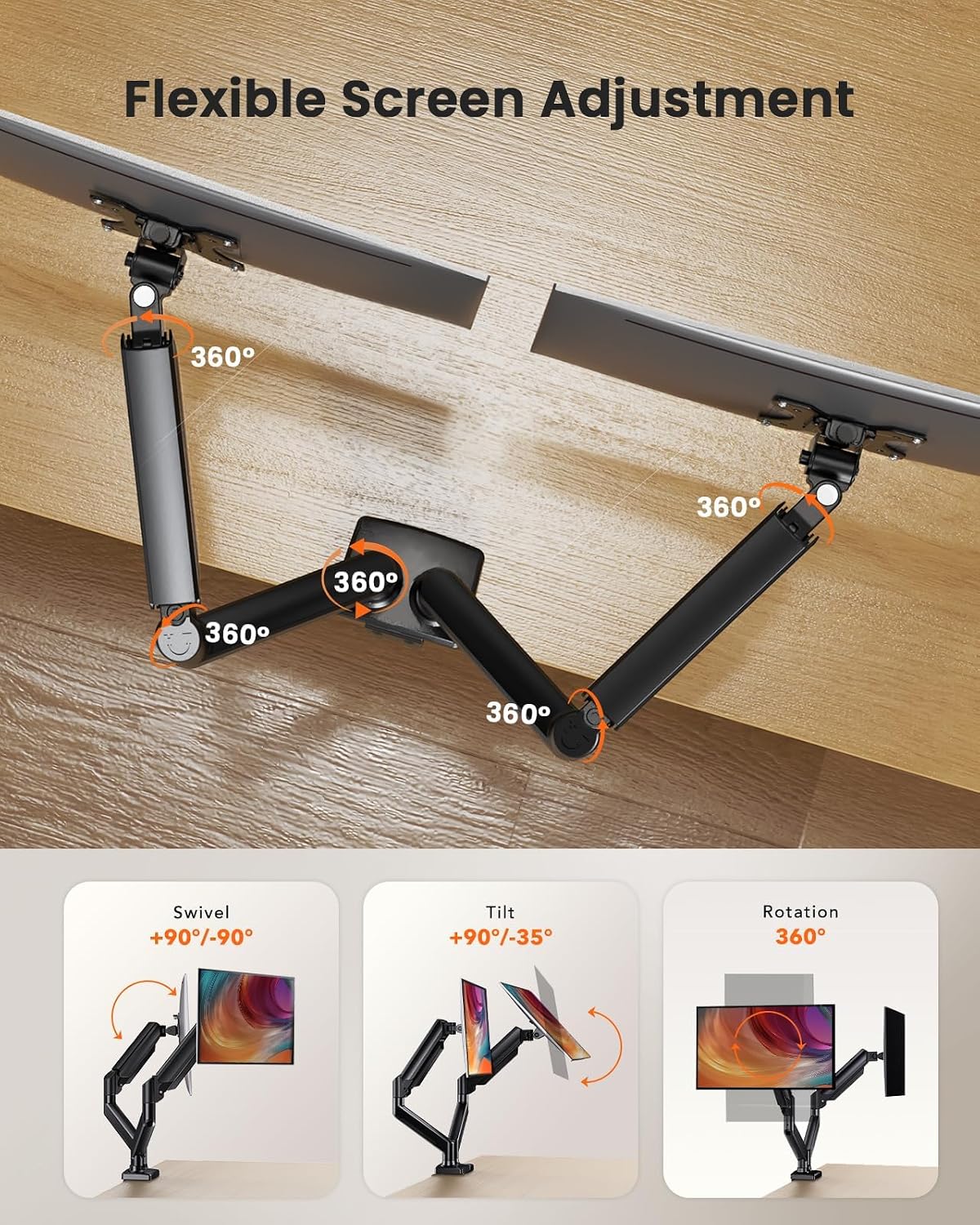 ErGear Dual Monitor Mount, Two Arms for 17"-32" Screens, Max 22 lbs Each, VESA 75/100mm, Adjustable Height, 180° Swivel, Tilt, 360° Rotation, Sturdy Steel for Office Use
