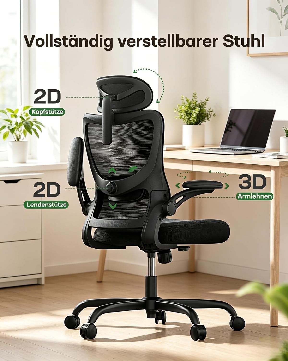 Marsail Ergonomic Office Chair, Ergonomic Desk Chair with 2D Headrest, 2D Lumbar Support, 3D Folding Armrest, Seat 8 cm, Height Adjustable, Tilt Function, Up to 136 kg