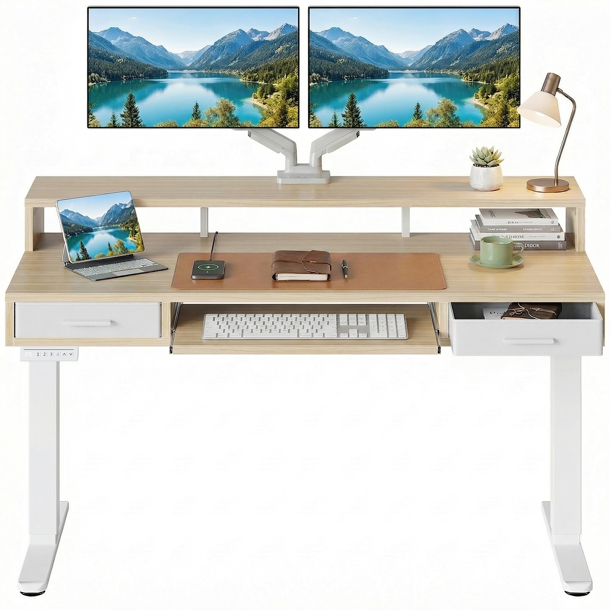 HUANUO 48″ X 26″ Electric Standing Desk with 2 Drawers &24.4″ Large Keyboard Tray, C-Clamp Mount Compatible, Adjustable Computer Desk for Office, Sit Stand Up Desk with 4 Height Presets, Black