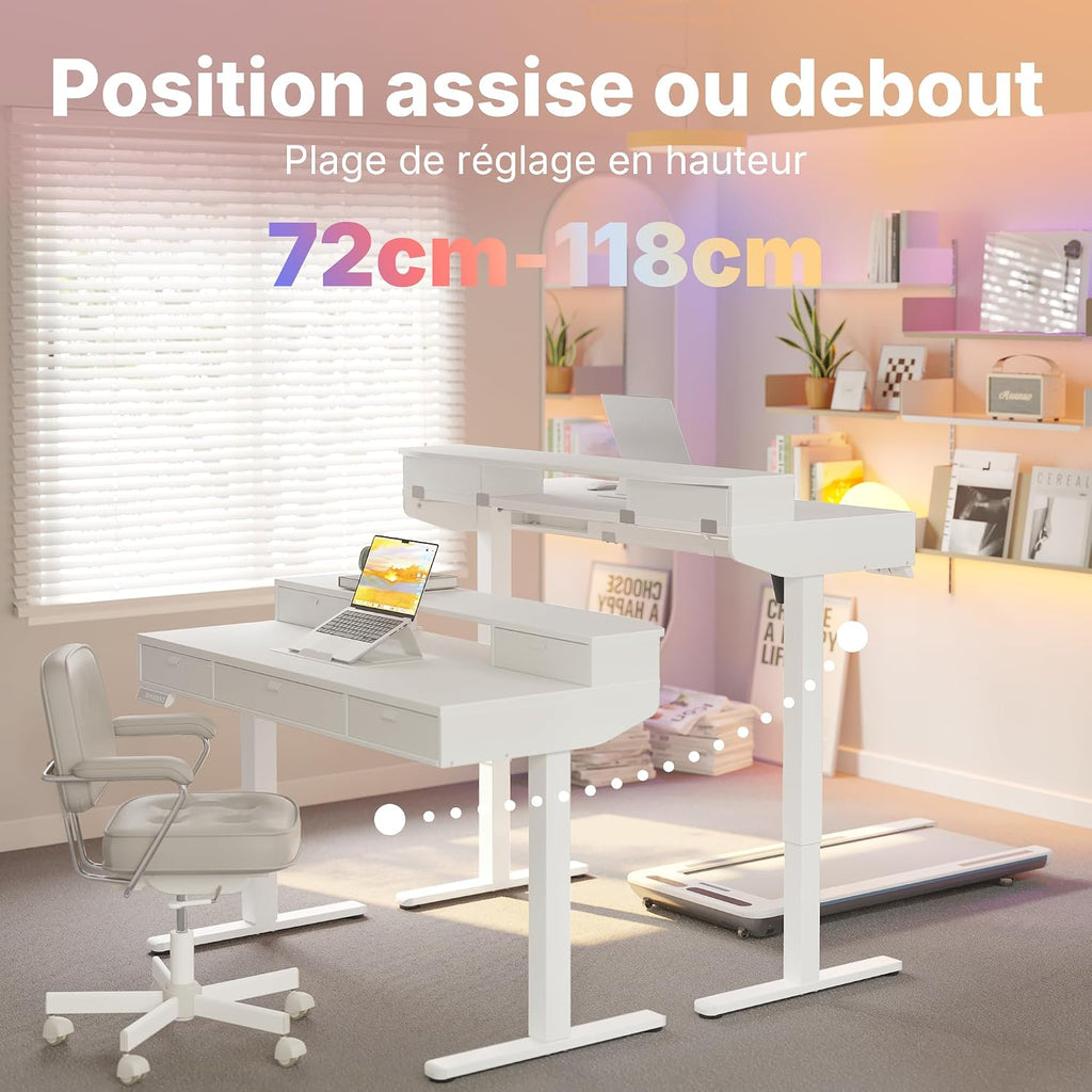 HUANUO Standing Sitting Desk Drawers 120 x 60 cm Adjustable Height | Compatible with C-clamp holder, 4 adjustable height adjustments