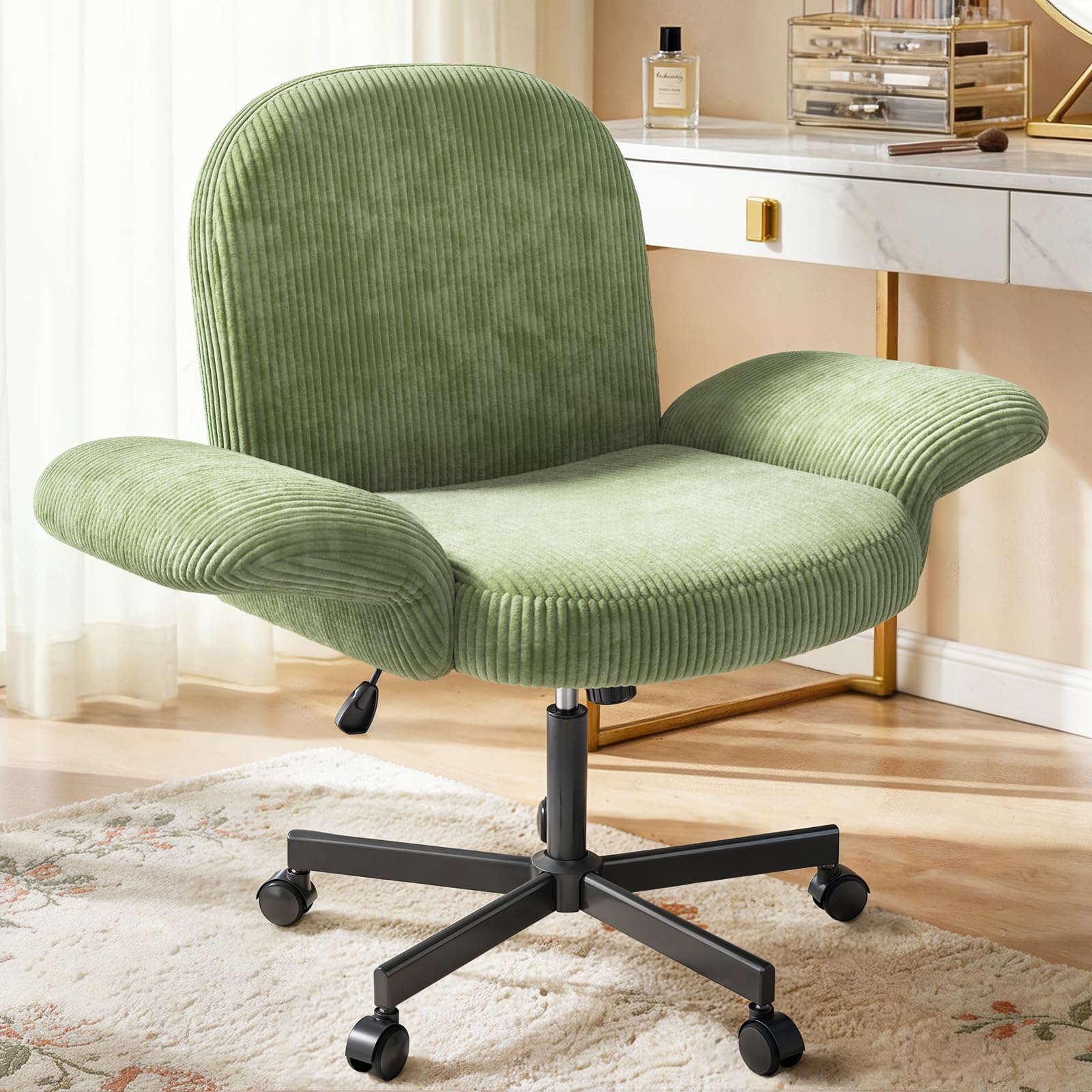 HUANUO Criss Cross Office Chair for Girls, Cross Legged Desk Chair with Adjustable Armrests, Soft Corduroy Fabric for Small Spaces, Home Office Computer Chair for Petite Women, Pink