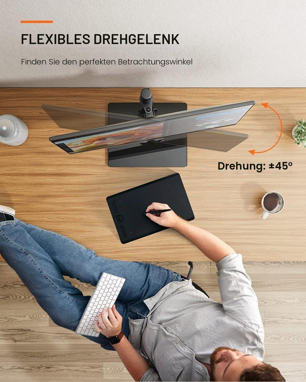 ErGear Monitor Halterung für 13-32 Zoll Plat/Curved Bildschirm, monitor ständer mount mit Gehärteter Glassockel, Monitorständer Höhenverstellbar mit Neigung ±45° Schwenken ±45° Drehen 360° VESA 75/100