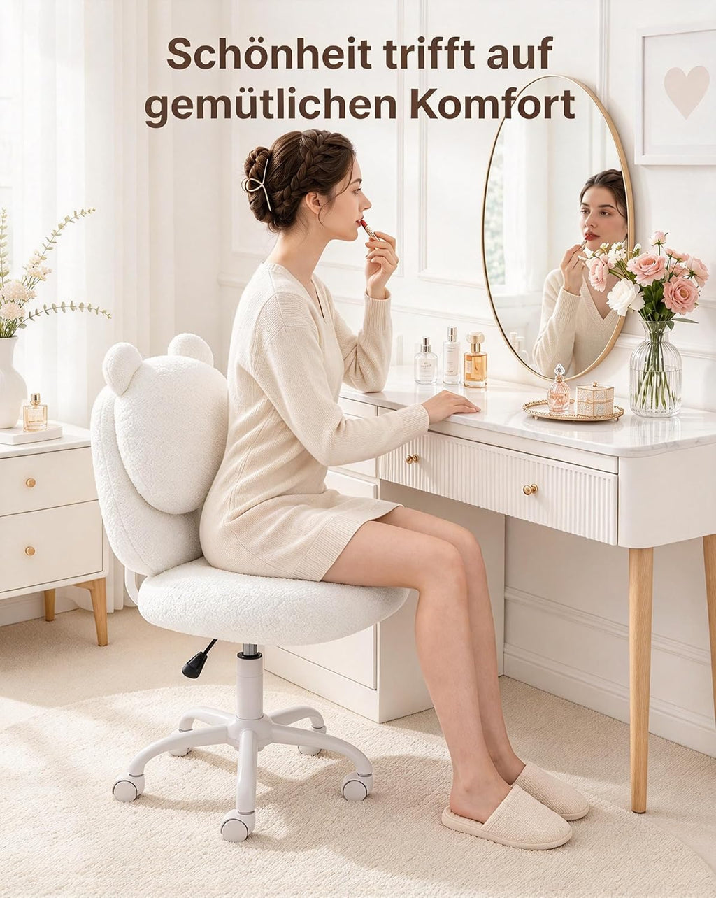 Marsail Schminktisch Stuhl, Schreibtischstuhl aus Teddyfleece,Cremeweiß