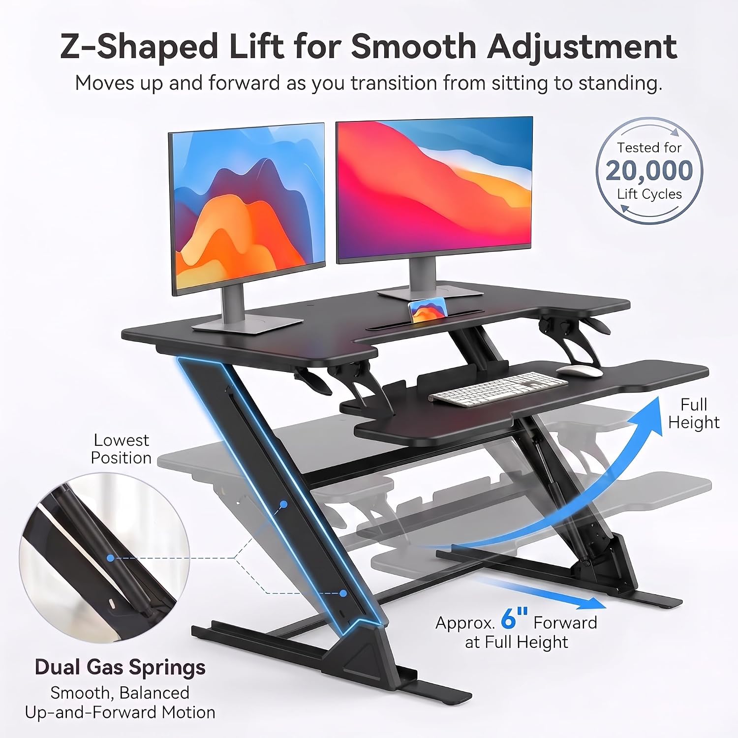 HUANUO 36" Z-Shaped Standing Desk Converter with Wide Keyboard Tray, Black | Dual Monitor Fit, Height Adjustable Sit Stand Up Desk Riser, Dual Gas Lift, Stable Z-Steel Frame, Unpack, Install Tray & Use