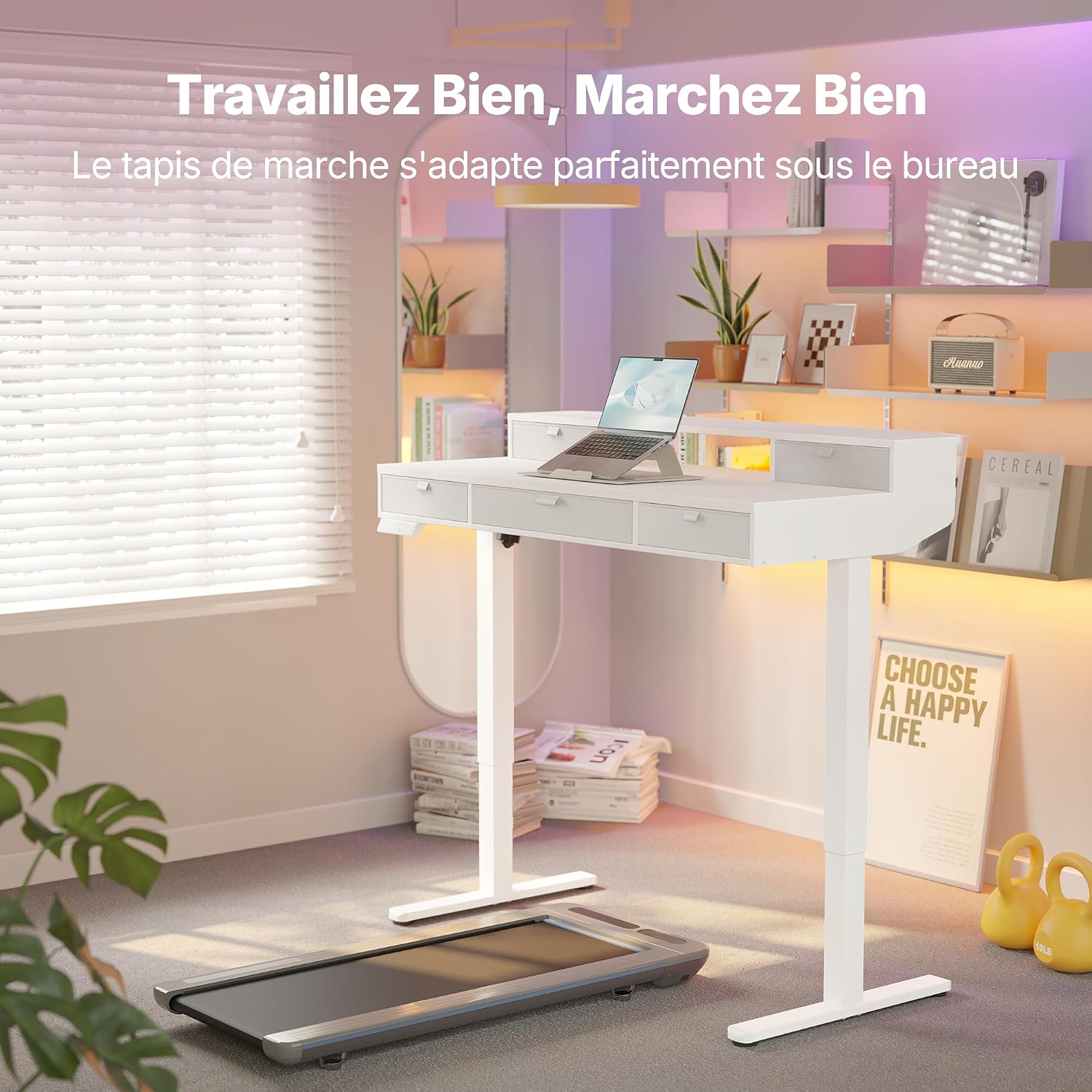 HUANUO Standing Sitting Desk Drawers 120 x 60 cm Adjustable Height | Compatible with C-clamp holder, 4 adjustable height adjustments