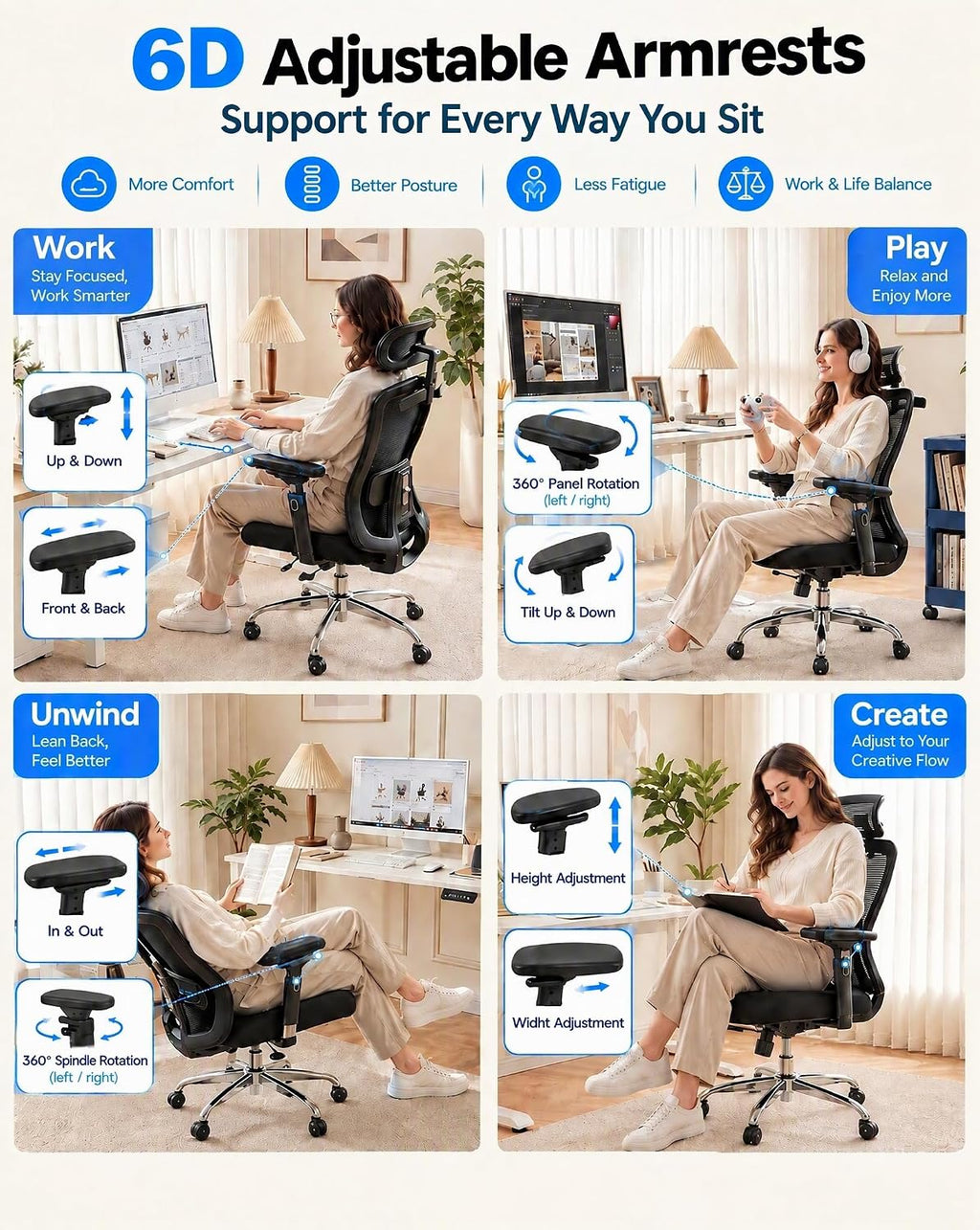 HUANUO Office Chair with 6D Armrests and Adjustable Seat Depth