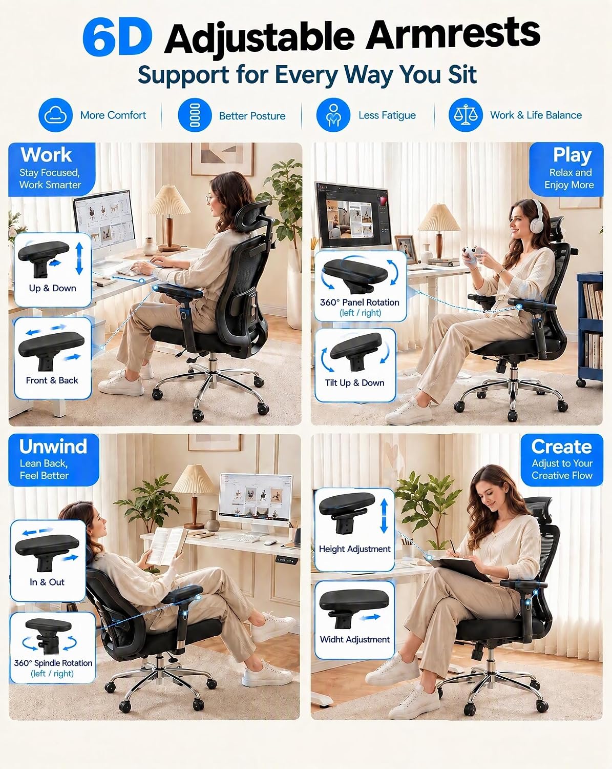HUANUO Office Chair with 6D Armrests and Adjustable Seat Depth