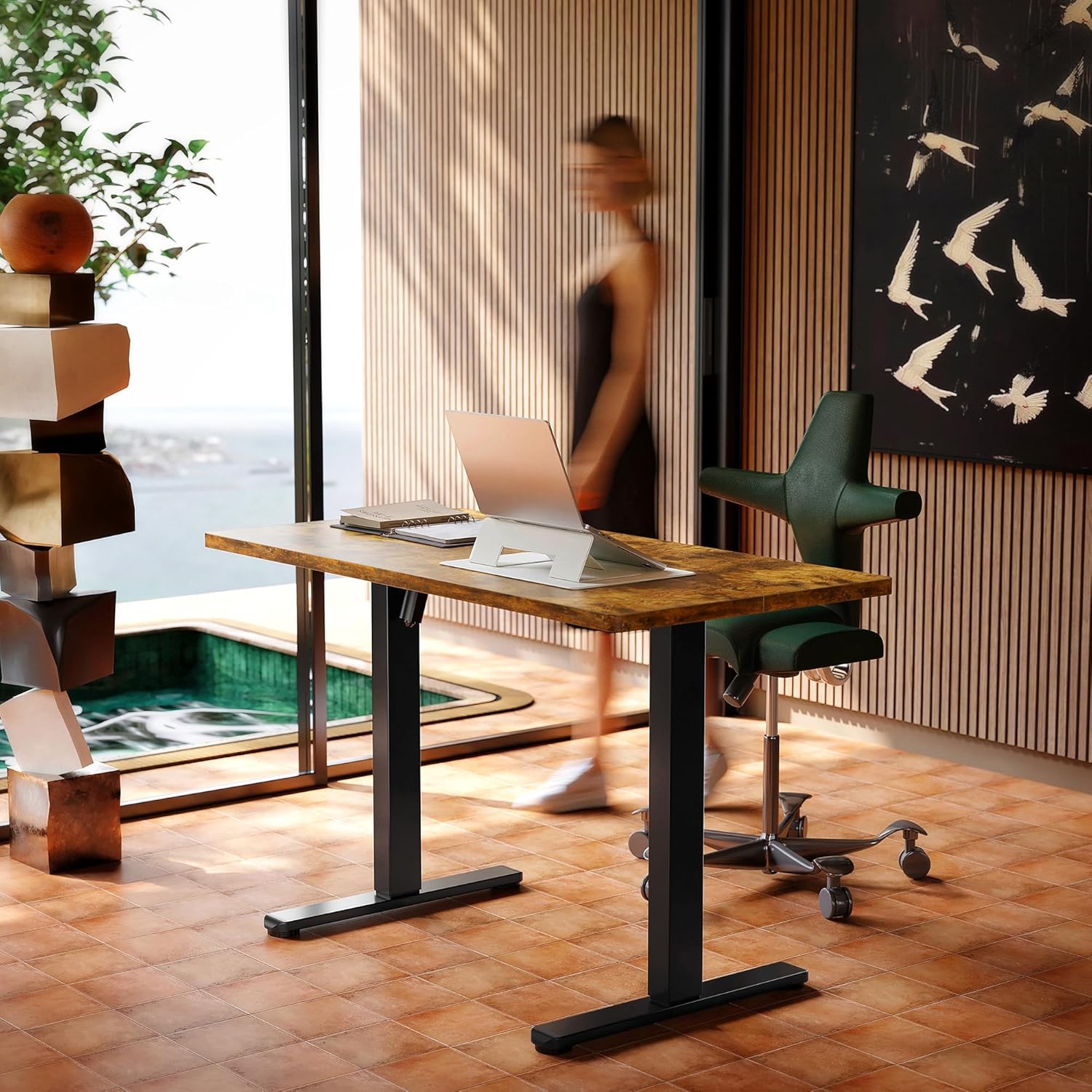 HUANUO 43 x 24 inch Electric Standing Desk Adjustable Height, 4 Memory Height Settings, Sit Stand Up Desk for Home Office & Computer Workstation, Rustic Brown