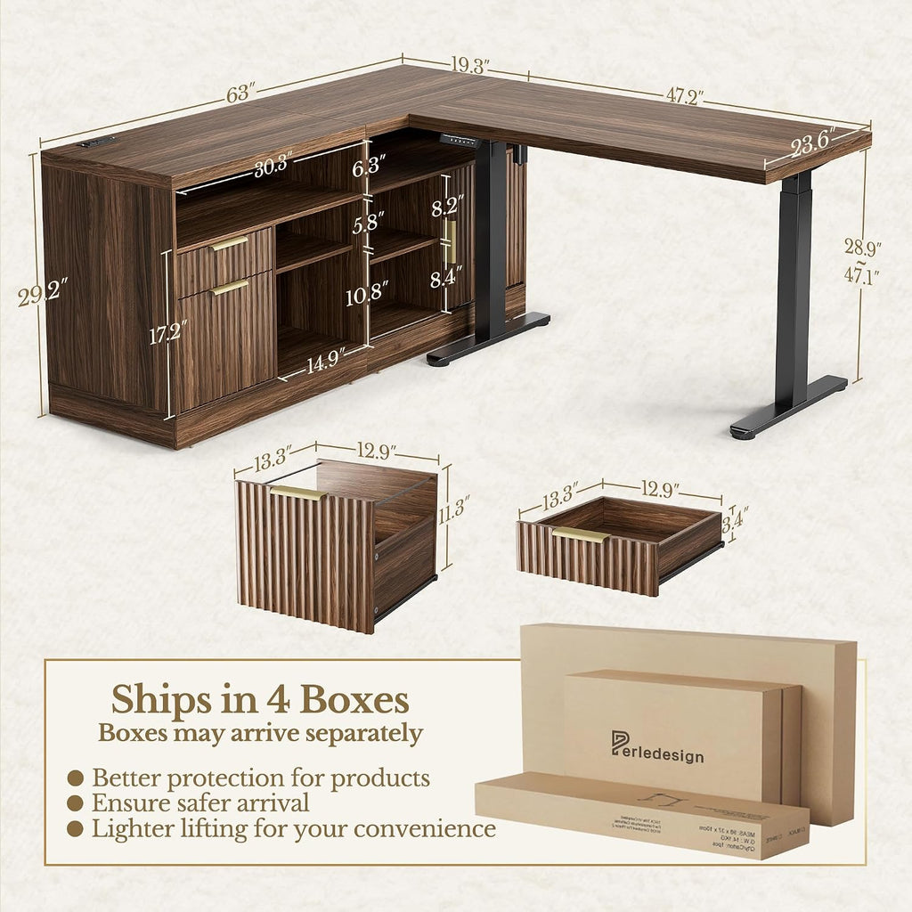 67 Inch L Shaped Executive Standing Desk with Storage Drawers | Electric Adjustable Height Desk with 2 File Cabinet, AC/USB, Fluted Sit Stand Corner Desk, 1.18" Desktop, Black Walnut