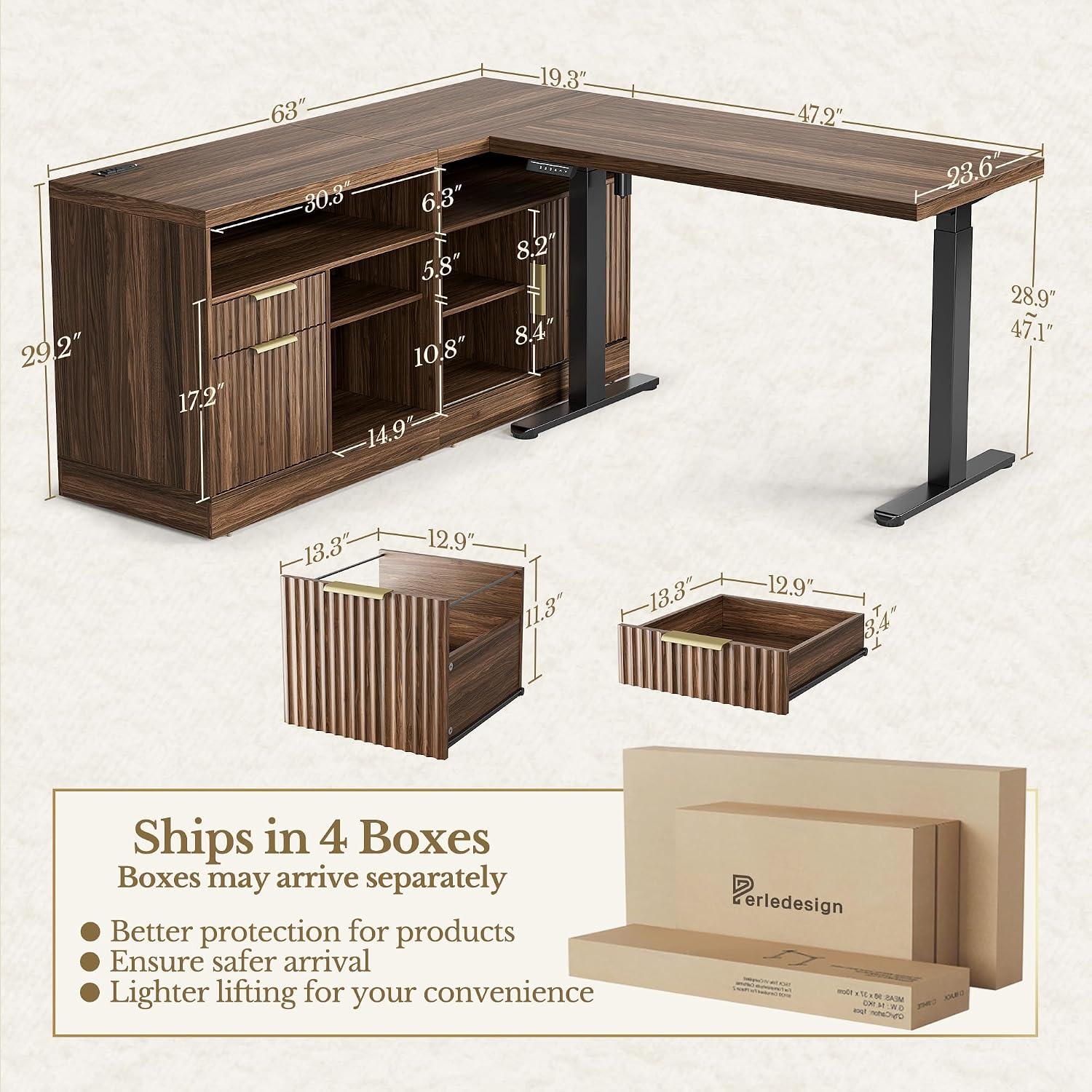 67 Inch L Shaped Executive Standing Desk with Storage Drawers | Electric Adjustable Height Desk with 2 File Cabinet, AC/USB, Fluted Sit Stand Corner Desk, 1.18" Desktop, Black Walnut