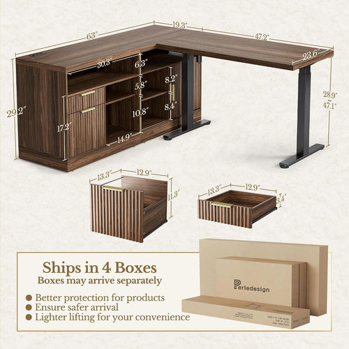 67 Inch L Shaped Executive Standing Desk with Storage Drawers | Electric Adjustable Height Desk with 2 File Cabinet, AC/USB, Fluted Sit Stand Corner Desk, 1.18" Desktop, Black Walnut