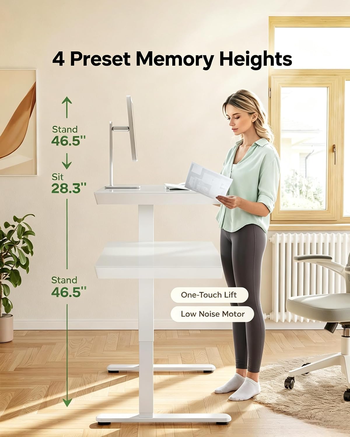Marsail Glass Standing Desk with Drawer, 48 x 24 inch Electric Standing Desk, Height Adjustable Desk with One-Piece Tabletop & USB Charging Ports, Sit Stand Desk with Storage for Home & Office White