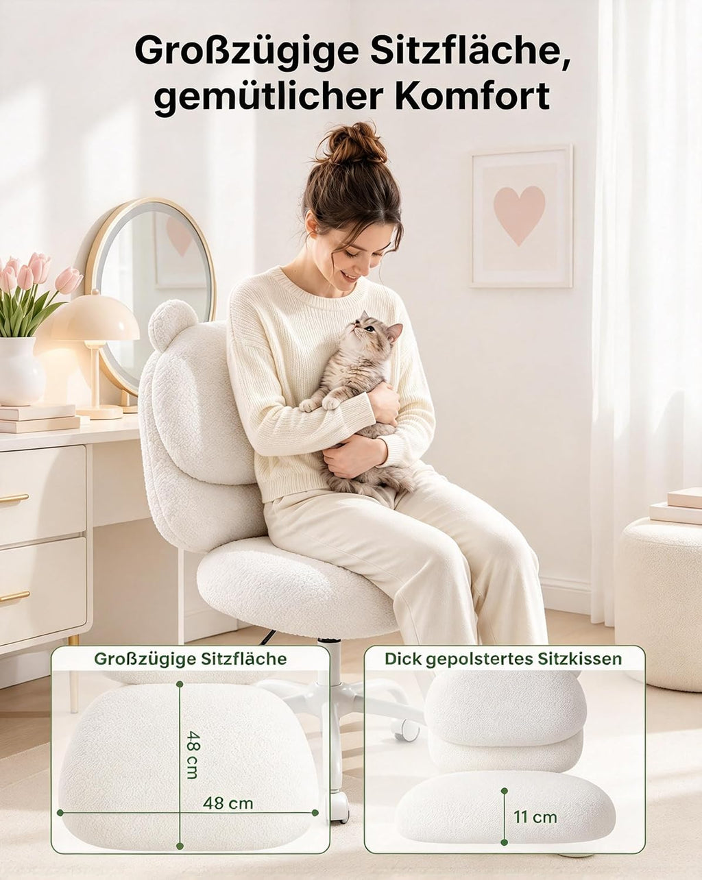 Marsail Schminktisch Stuhl, Schreibtischstuhl aus Teddyfleece,Cremeweiß