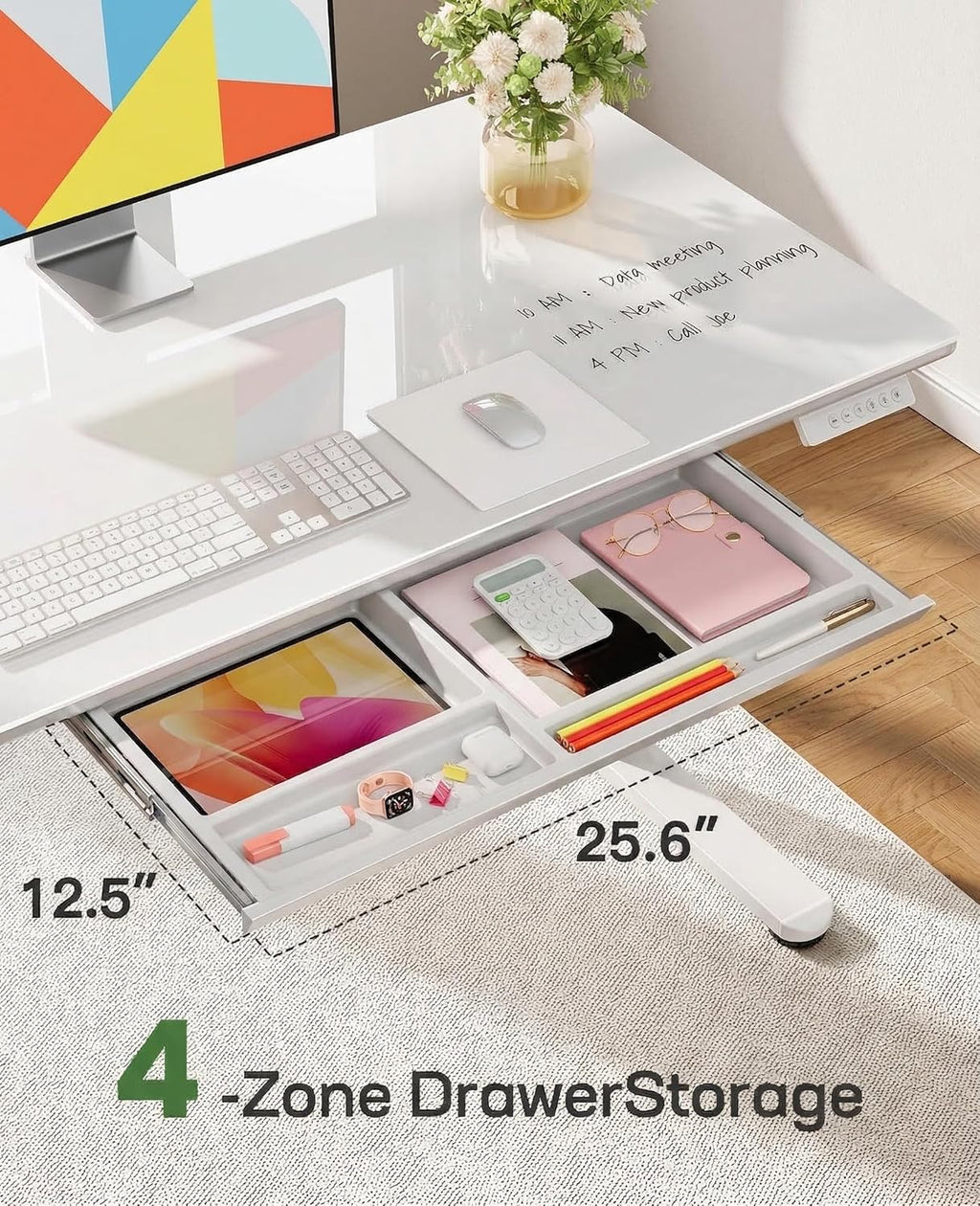Marsail 55 x 28 inch Glass Standing Desk with 4-Zone Drawer Storage, White | 28.3–46.5 Inch Height Range, One-piece Tempered Glass top, 4 Preset Heights, Sit Stand Design, Ergonomic Home Office Desk